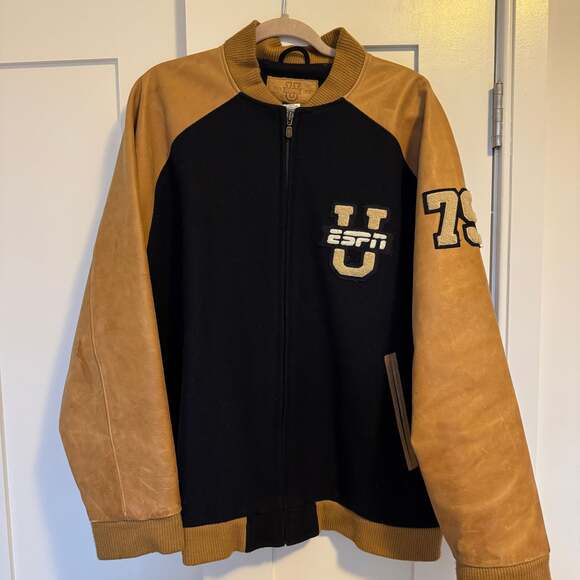 Vintage ESPN U Varsity Jacket Tan Leather Sleeves & Black Wool Size XL